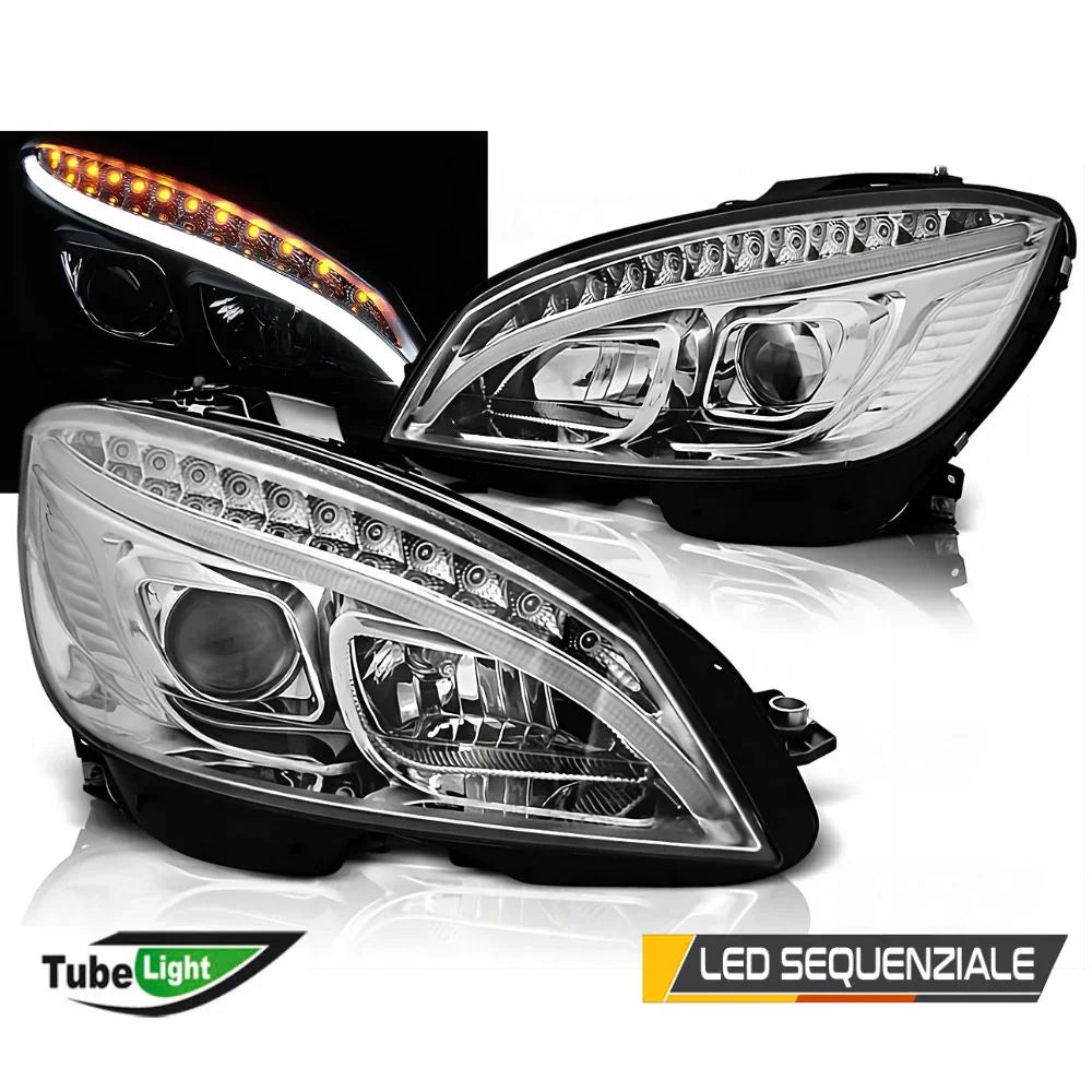 Mercedes C W204 07-10 Fari Anteriori DRL LED Cromati SEQ - autorivallo