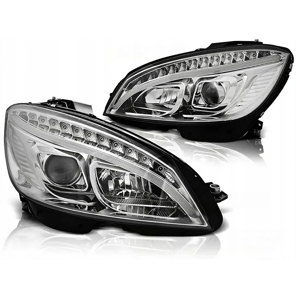 Mercedes C W204 07-10 Fari Anteriori DRL LED Cromati SEQ - autorivallo