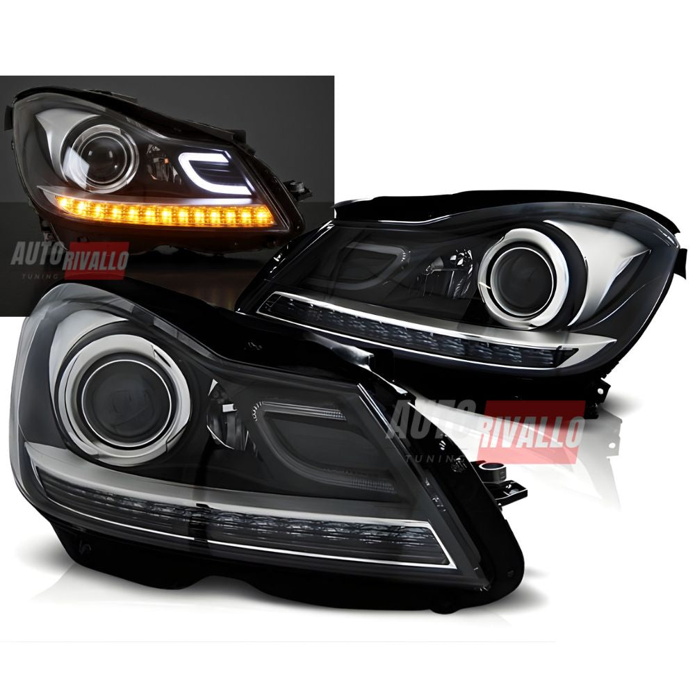 Coppia di fari anteriori LED neri lenticolari per Mercedes Classe C W204 2011-2015.