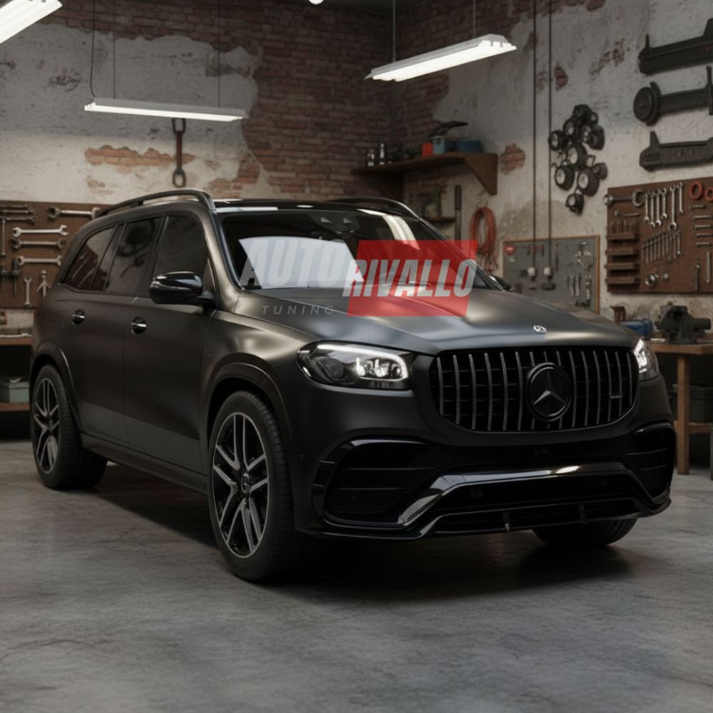 Immagine frontale della Mercedes GLE W167 2019-2023 con nuova griglia AMG Look nero lucido.