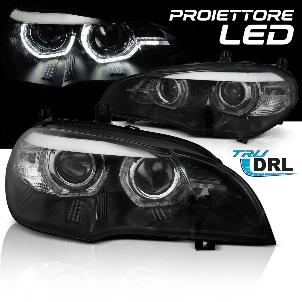 Coppia fari anteriori Angel Eyes 3D LED neri per BMW X5 E70 con fari Xenon di serie