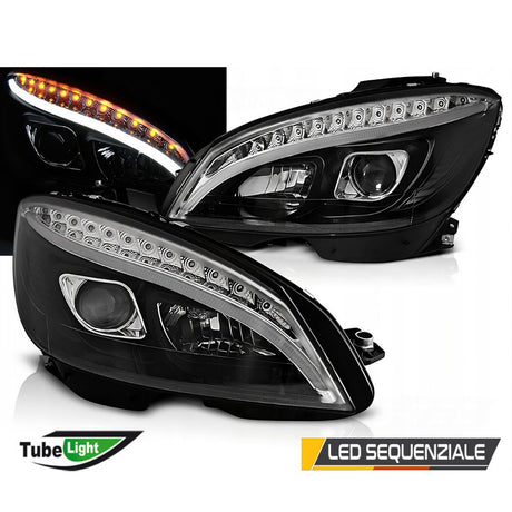 Mercedes Classe C W204 07-10 Fari Anteriori DRL LED Neri Freccia Sequenziale
