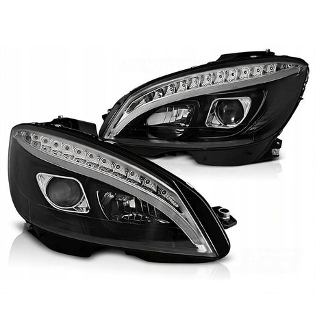 Mercedes Classe C W204 07-10 Fari Anteriori DRL LED Neri Freccia Sequenziale
