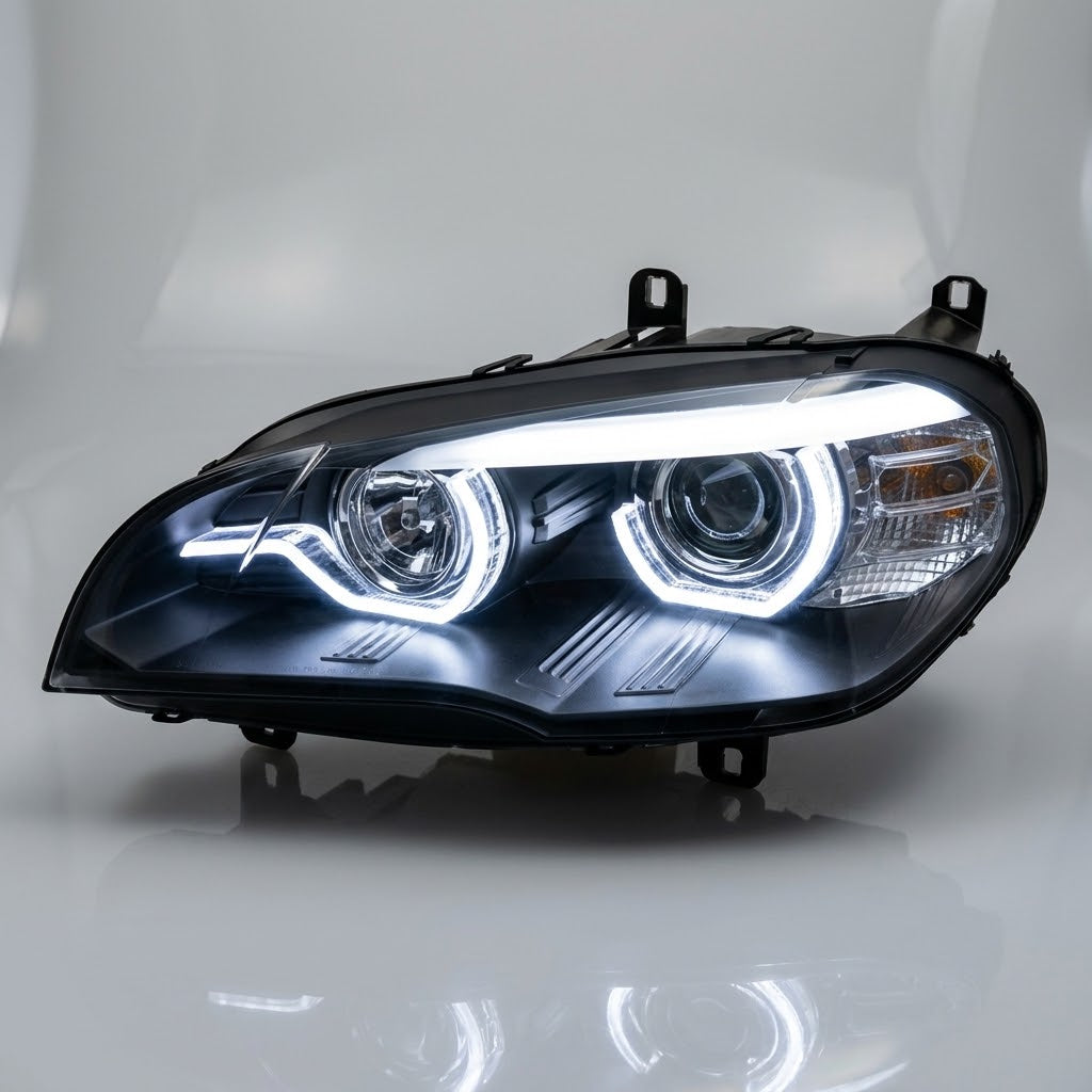 Fari anteriori Angel Eyes 3D LED neri per BMW X5 E70 con fari Xenon di serie