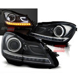 Coppia di fari anteriori LED neri lenticolari per Mercedes Classe C W204 2011-2015.
