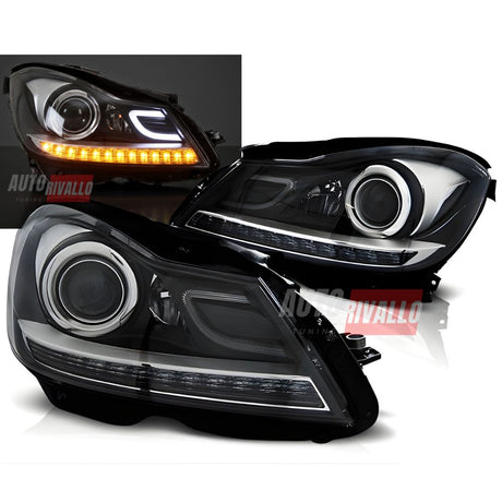 Coppia di fari anteriori LED neri lenticolari per Mercedes Classe C W204 2011-2015.

