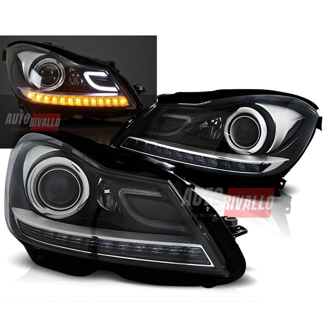 Coppia di fari anteriori LED neri lenticolari per Mercedes Classe C W204 2011-2015.
