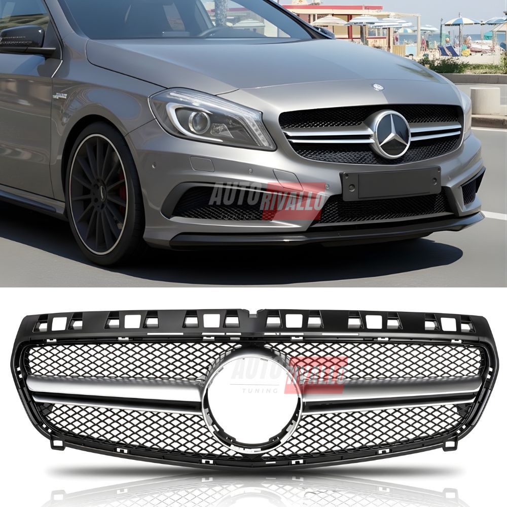Griglia AMG Look argento per Mercedes W176 con design sportivo.