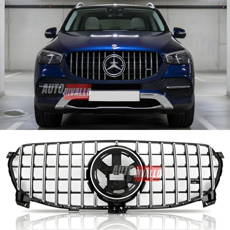 Griglia anteriore GTR AMG Look per Mercedes GLE W167 2019-2023, colore nero lucido con profili cromati.