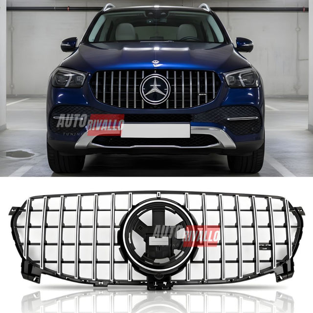 Griglia anteriore GTR AMG Look per Mercedes GLE W167 2019-2023, colore nero lucido con profili cromati.