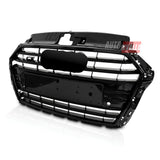 Griglia Audi A3 8V nero lucido Look S3, vista frontale di tre quarti con cornice e zona portatarga