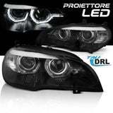 Coppia fari anteriori Angel Eyes 3D LED neri per BMW X5 E70 con fari Xenon di serie