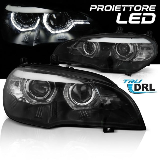 Coppia fari anteriori Angel Eyes 3D LED neri per BMW X5 E70 con fari Xenon di serie