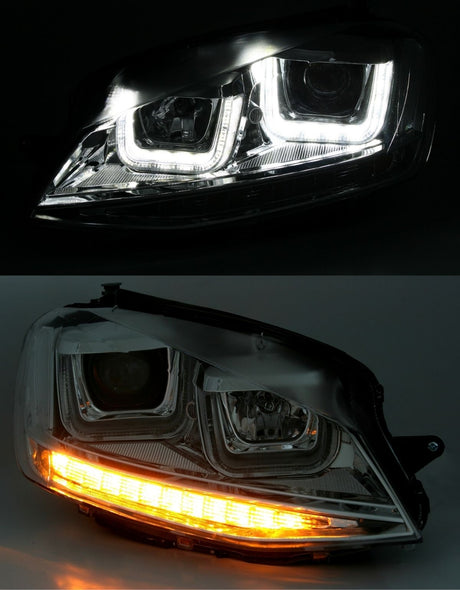 VW Golf 7 VII 2012-2017 Fari Anteriori Cromato Con Frecce e Luci Diurne a LED